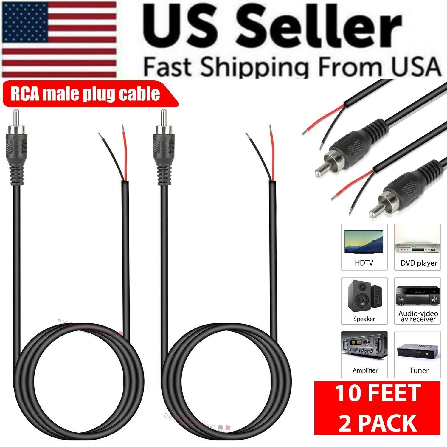 Home Cinema Sound System - 2-Pack 10ft RCA Male Plug To